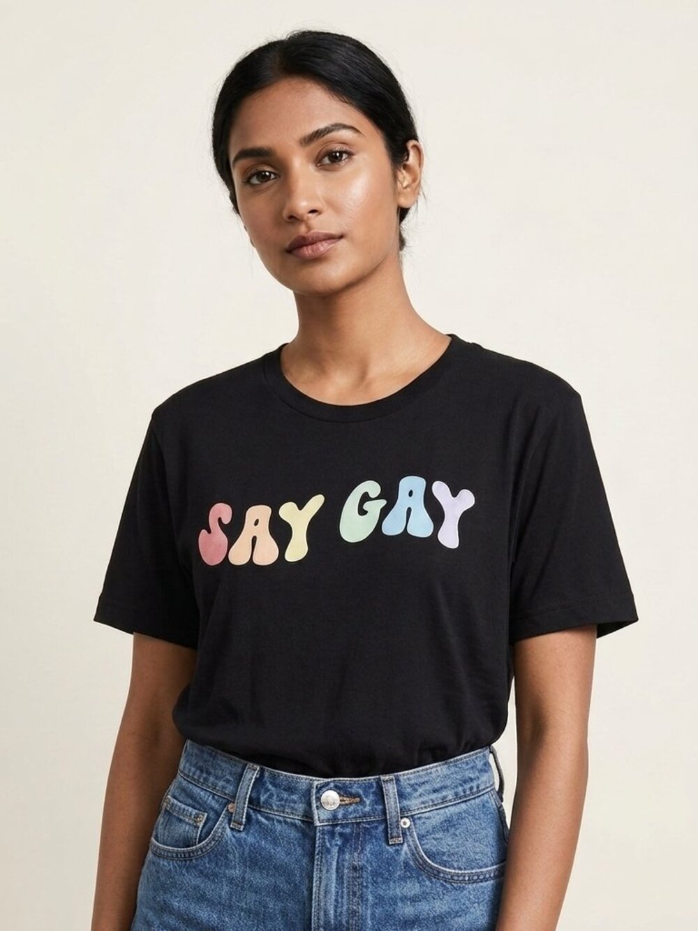 Say Gay Rainbow Graphic T-Shirt Bella + Canvas Black Unisex Size Medium